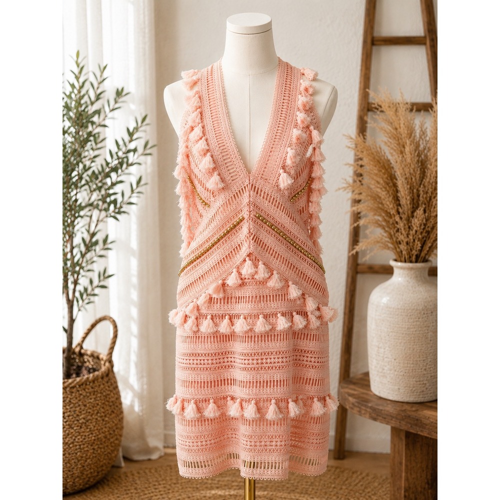 Goodnight Macaroon Ariana Pink Tassel Crochet Lace Dress Size M